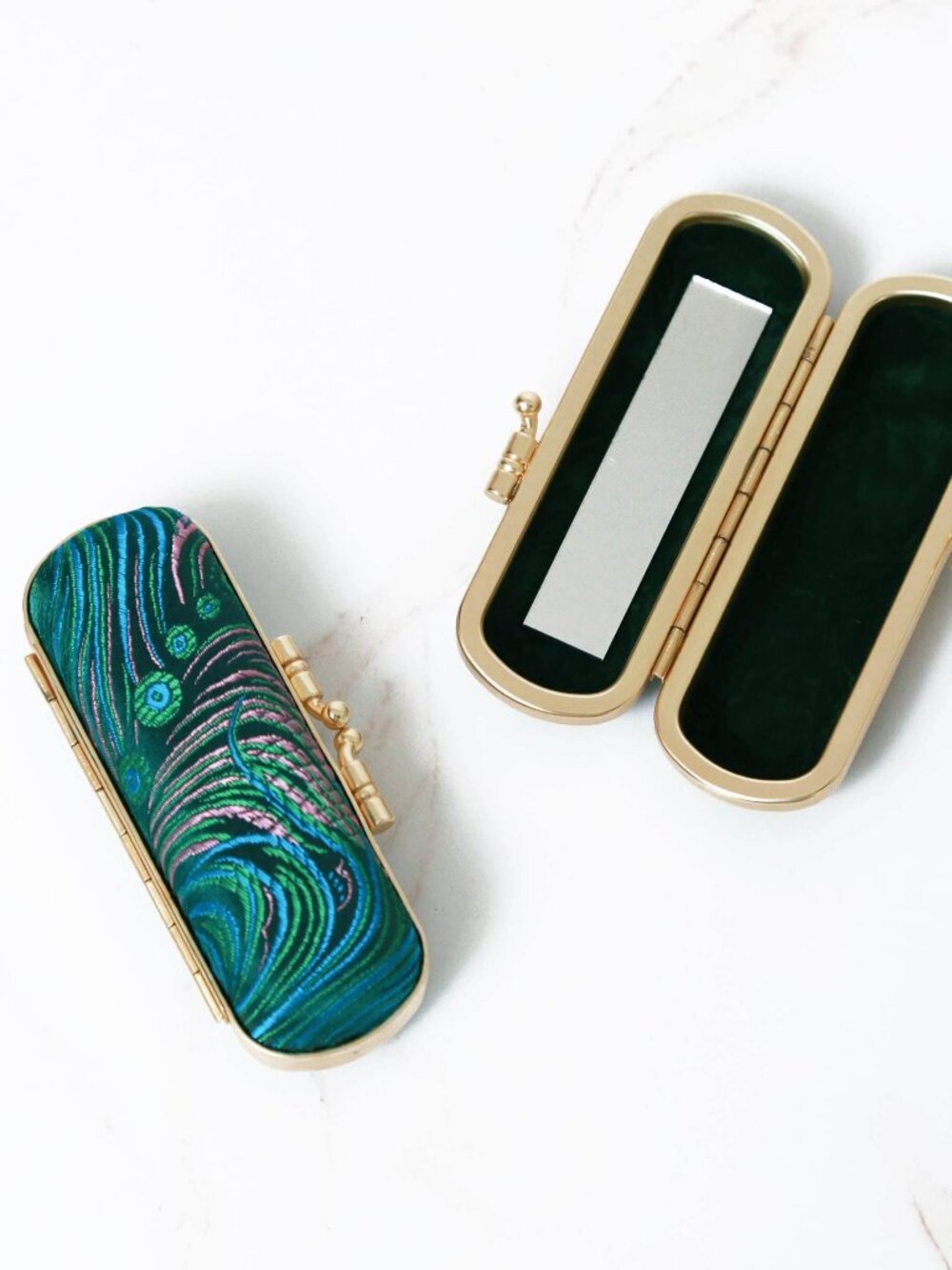Peacock Brocade Lipstick Holder with Mirror | Teal & Pink